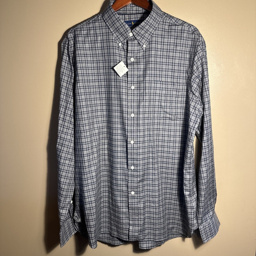 NWT Polo Ralph Lauren Men's XL TG Plaid Button Down Shirt Gray Blue No Logo